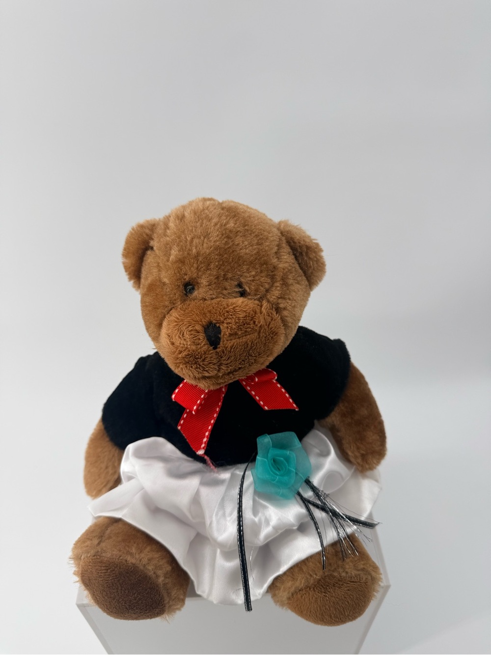 Brown Plush Teddy Bear in Black Top and White Skirt with Teal Flower